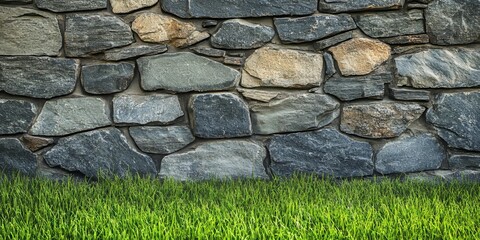 Masonry stone wall texture featuring vibrant green grass in front, showcasing the unique patterns of masonry stone wall. A perfect contrast of texture and color in masonry stone wall design.