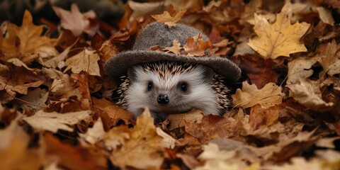 A hedgehog adorned with a felt hat is encircled by a collection of dry leaves. The hedgehog, in its felt hat, finds itself amidst the scattered dry leaves.