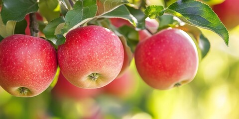 Obraz premium Red apples hanging from the branches of apple trees, showcasing the vibrant colors and natural beauty of freshly grown fruits. These apple trees produce abundant red apples, a true natural product.