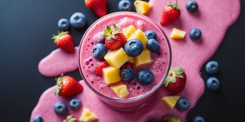 Obraz premium Refreshing pink smoothie showcases vibrant flavors with fresh fruit on a contrasting black backdrop