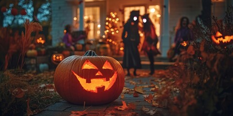 A Halloween gathering features individuals wearing eerie outfits, celebrating together, with festive decorations adorning homes and costumes enhancing the holiday spirit.