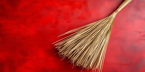 Coconut leaf broom displayed against a vibrant red background, showcasing the traditional craftsmanship of a coconut leaf broom that emphasizes its unique texture and design.