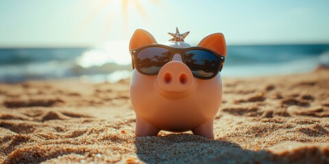 Playful piggy bank wearing sunglasses at the beach, capturing the essence of summer fun. This summer piggy bank adds a whimsical touch to beach vibes with its sunny demeanor.
