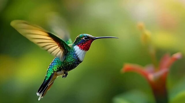 Slow-motion capture of a hummingbird in flight, its wings creating a faint blur as it hovers to sip nectar from a vibrant flower, with fine details of the bird&rsquo;s feathers shimmering in sunlight.