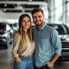 Fototapeta premium Happy Couple in a Car Showroom