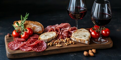 Fototapeta premium Prosciutto, salami, and baguette slices are artfully arranged alongside tomatoes and nuts on a rustic wooden board, complemented by two glasses of red wine against a dark backdrop.