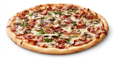 Delicious pizza featuring savory bacon and fresh champignon mushrooms, artfully arranged against a crisp white background for a mouthwatering look at this pizza delight.