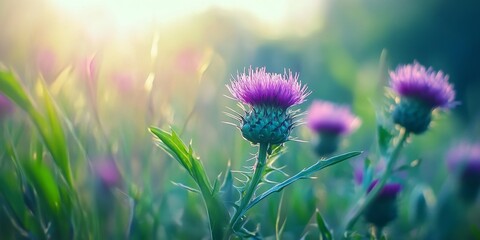 Obraz premium Beautiful burdock thistle flower root growing in a meadow, showcasing the vibrant burdock thistle amidst lush grass. This image illustrates the burdock thistle thriving in a countryside setting.