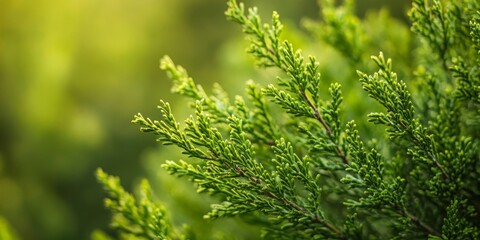 Fototapeta premium Close up of a twig from a lush green cypress hedge, showcasing the vibrant hues and intricate details of the cypress green hedge in a natural setting. Ideal for nature enthusiasts.