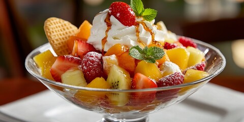 Delight in a tasty fresh tropical fruit salad featuring a twist of whipped cream or vanilla ice cream, elegantly drizzled with syrup and garnished with slices of fresh fruit and a wafer.