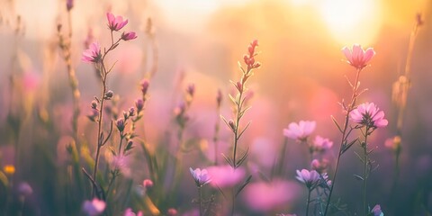 Close up of wild flowers captured in soft focus, highlighting the beauty and delicate details of wild flowers in a serene natural setting, perfect for showcasing the charm of wild flowers.