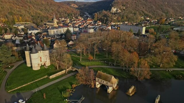Vernon village with old mill, Tourelles Castle, Normandy in France. Aerial drone sideways or lateral view