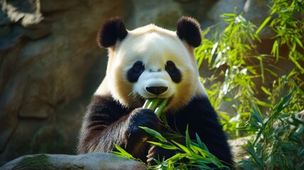 Obraz premium A large panda enjoys munching on bamboo, showcasing the panda s natural behavior as it delicately chews on fresh bamboo, a vital part of its diet and habitat.