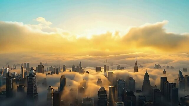 Time-lapse of air pollution dispersing above a busy urban skyline, with layers of smog and clean air visibly interacting in slow motion under the golden hour sky.