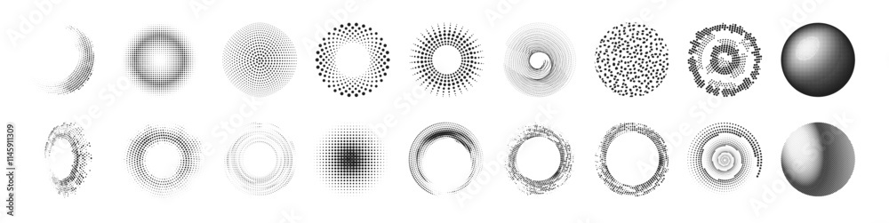 Wall mural halftone circular dotted frames set. circle dots texture isolated on transparent background. abstrac