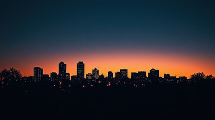 Naklejka premium A stunning city skyline silhouetted against a vibrant sunset, showcasing a gradient of colors transitioning from dark to light.