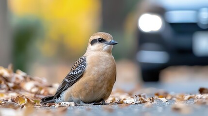 Small brown bird perched on autumn leaves near a blurred car.