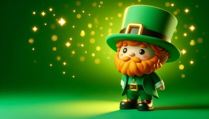 Cute cartoon 3D leprechaun with green hat and orange beard on sparkling background. Saint Patrick's Day holiday illustration