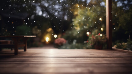 Wood floor with blurred trees of nature park background and summer season, product display montage