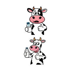 Cartoon Cow Holding Milk Bottle with Thumbs Up