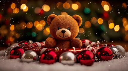 Adorable Teddy Bear in Christmas Ornament Wreath