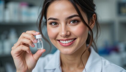 Smiling woman holding a small vial in a medical or cosmetic setting