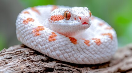Fototapeta premium Close-up of a white snake with orange markings coiled on a log.