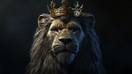 A golden crown perched atop a regal lions head. golden crown perched atop regal lions head...