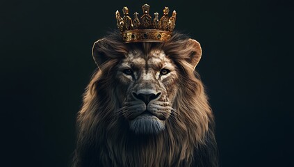 A golden crown perched atop a regal lions head. golden crown perched atop regal lions head...