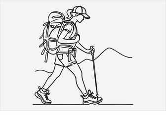 A single line drawing of a woman hiking