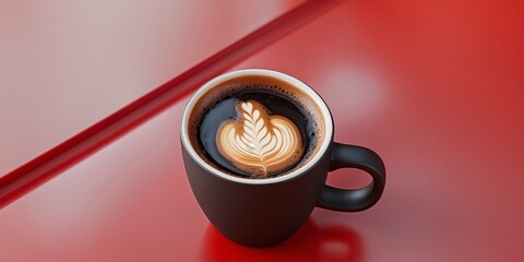 Top View of Black Coffee in Black Mug on Vibrant Red Surface