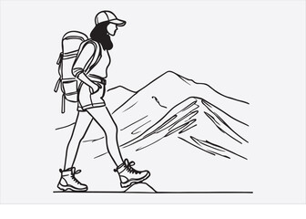 A single line drawing of a woman hiking