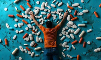 Man Surrounded by Multicolored Pills on Textured Blue Background