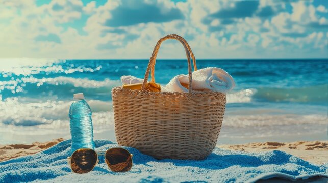 Beach essentials for a perfect day by the ocean bag towel water sunglasses cozy atmosphere scenic view