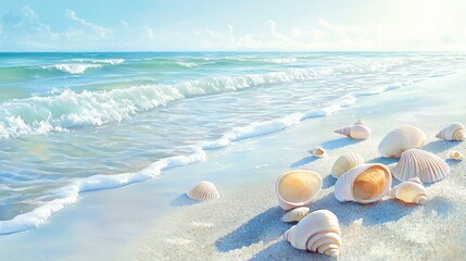Obraz premium A serene beach scene featuring gentle waves and a collection of seashells scattered along the sandy shore under a bright, sunny sky.