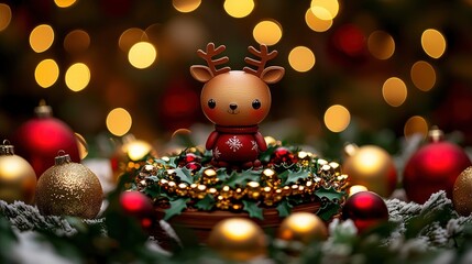 Obraz premium Adorable Reindeer Figurine in Festive Christmas Setting with Sparkling Lights and Ornaments