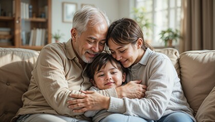 Obraz premium Family embracing on the couch, enjoying quality time together and sharing affection