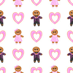 
A seamless vector pattern with gingerbread boy, girl, and heart-shaped cookies on a white background. Ideal for festive designs or holiday decor.