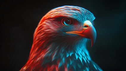  a red and blue eagle  close-up view  dark background.AI GENERATED