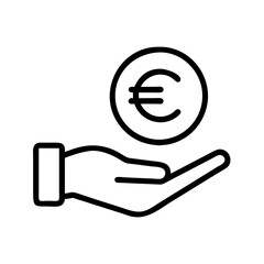 Icon depicting currency exchange, featuring a hand holding a coin with a euro sign