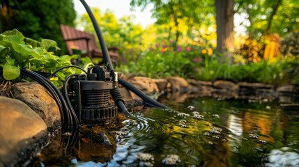 Durable submersible water pump installation for garden pond outdoor residential area equipment natural setting close-up view