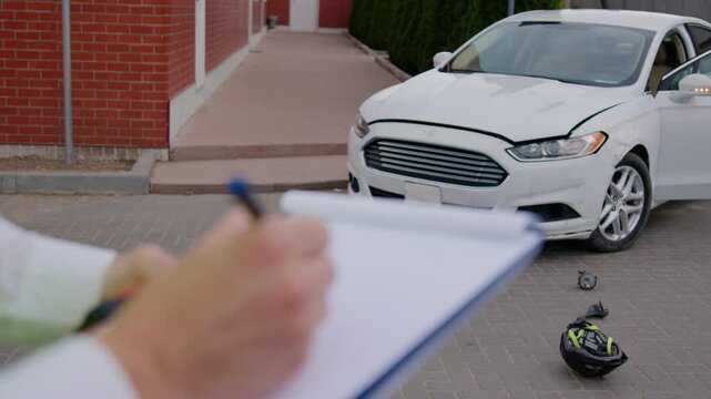 close-up of a sheet with the report written by the policeman at the scene of the accident. The white luxury car hit a pedestrian on an electric scooter. Road accident
