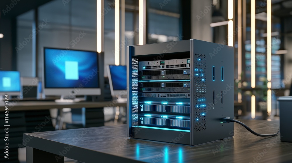 Poster Nas device in modern office technology showcase high-tech environment close-up viewpoint for data storage solutions