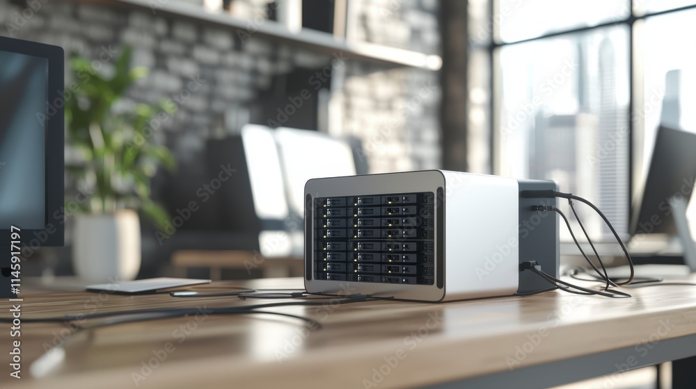 Poster innovative network-attached storage setup in modern office technology equipment workspace profession