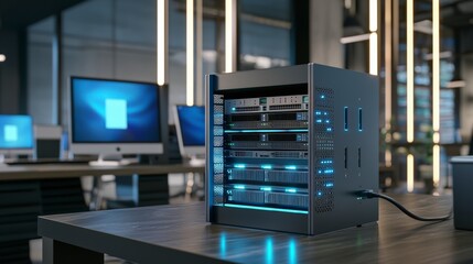 Nas device in modern office technology showcase high-tech environment close-up viewpoint for data storage solutions