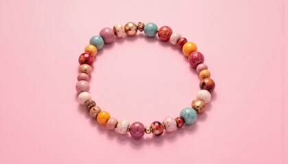 Obraz premium Colorful beads forming loose circle on pastel pink background