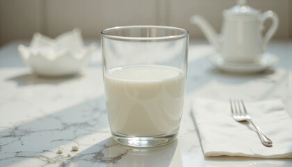 Glass of milk placed next to white napkin on marble surface