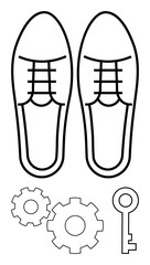 Formal shoes alongside gears and key. Ideal for business strategies, leadership, personal development, innovation, problem-solving, career success, and motivation. Line metaphor