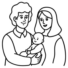 Happy Family Illustration - Black and White Cartoon of Parents with Baby