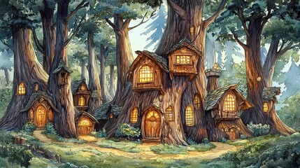 A whimsical forest scene featuring charming tree houses with glowing windows, surrounded by tall trees and a winding path.